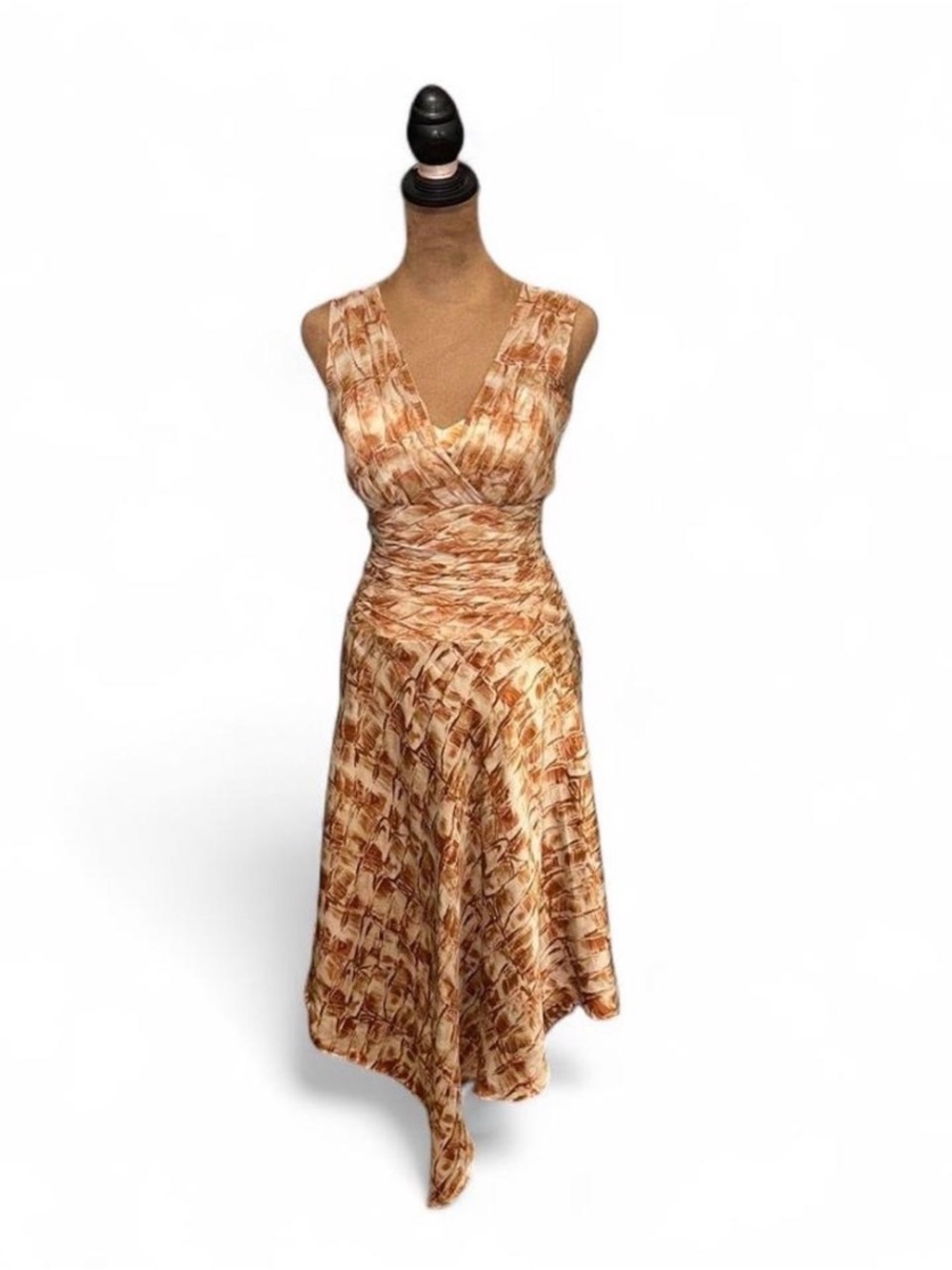 Sleeveless V-Neck Tan & Cream Patterned Midi Dress 6 Donna Ricco Silk
